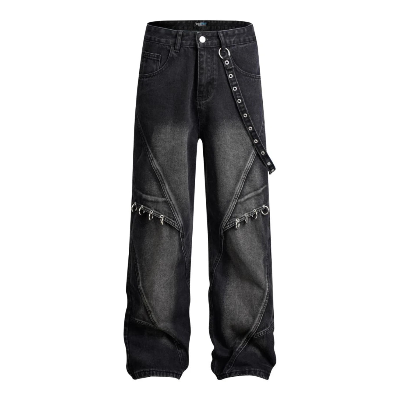 Distressed Jeans American High Street Metal Ring Buckle Hanging Strap Deconstruction and Splicing Men's Jeans Baggy