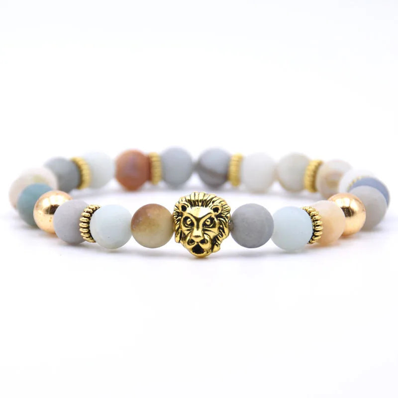 Gold Lion Head Gemstone Beaded Stretch Bracelet Charms 8mm Stone Protection Healing Quartz Crystal Stretch Beaded Jewelry