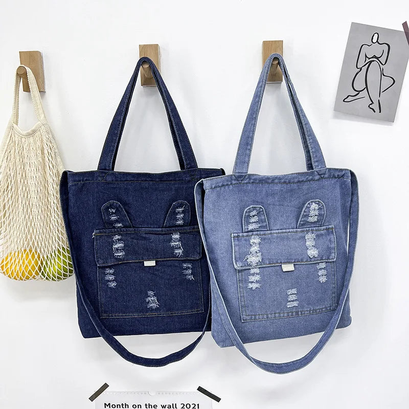 Korean Version of Canvas Bag Women's Shoulder Bag Large Capacity Female Small Fresh Hole Denim Bag Artistic Handbag
