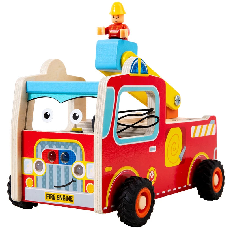New Design LED Light Switch Wooden Fire Truck Toys with Sound and Light Kids Educational Wooden Vehicle Toy with Screws Nuts