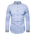 Fashion Gold Embroidery Shirt for Men New Stand Collar Solid Color Mens Dress Shirts Casual Slim Long Sleeve Clothes