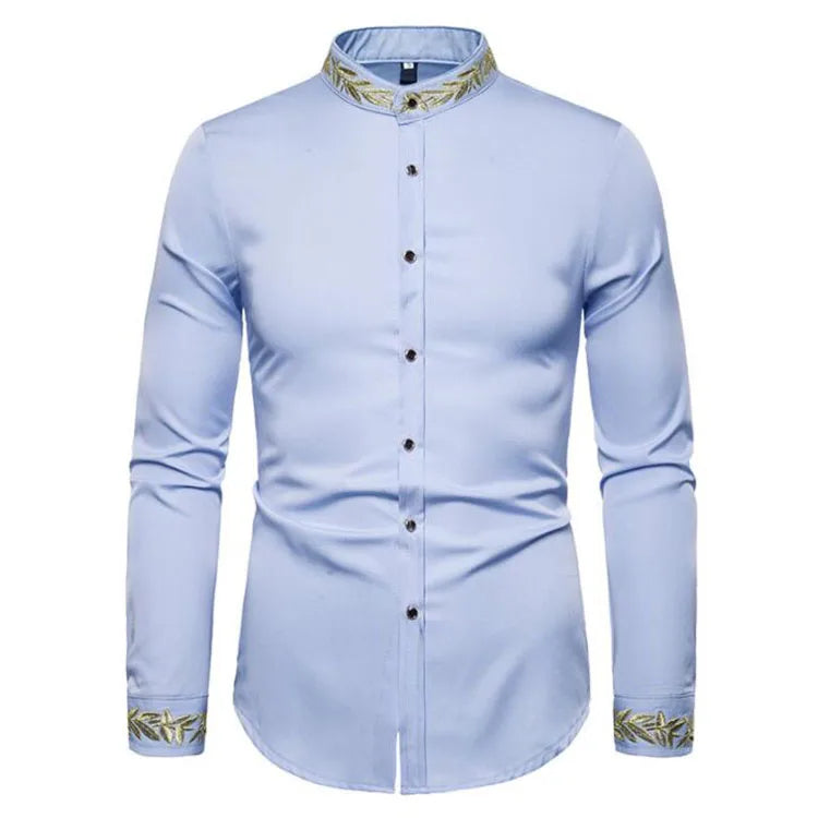 Fashion Gold Embroidery Shirt for Men New Stand Collar Solid Color Mens Dress Shirts Casual Slim Long Sleeve Clothes