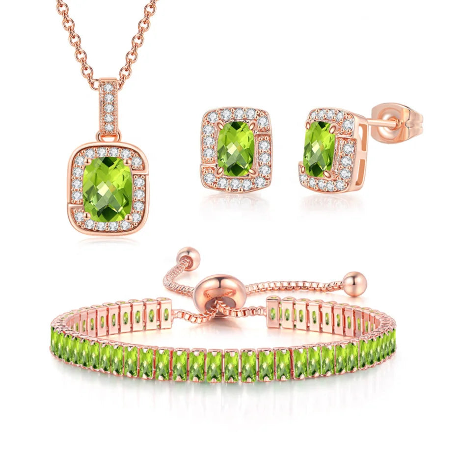 RST New Arrival Wholesale Women Accessories 3 Pcs AAA Green Zircon Earring Necklace Bracelet Jewelry Set S443