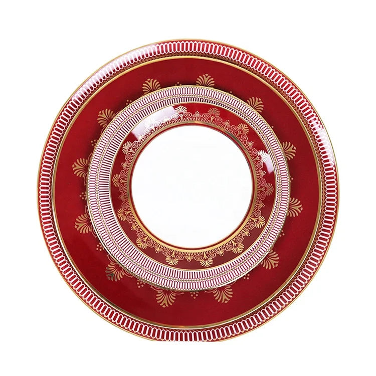 Wholesale Bone China Dinnerware Set Home Ware Red Wedding Restaurant Ceramic Dishes Plates Charger Dinner Set