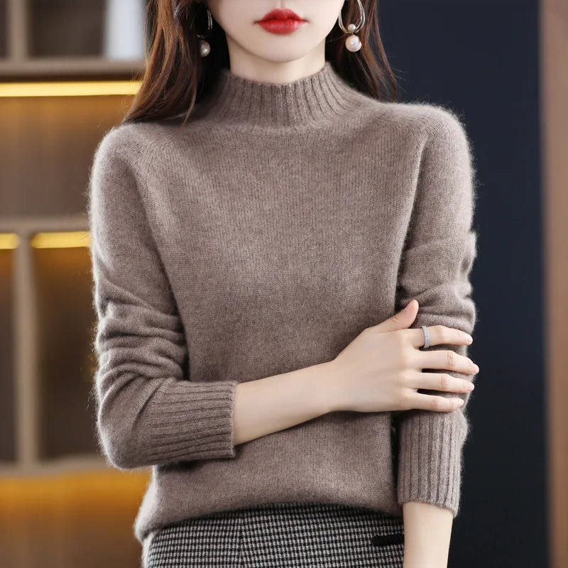 Luxury Quality Customized Winter Office Lady Pullover Turtle Neck Solid Color 100% Wool Knitted Sweater for Women