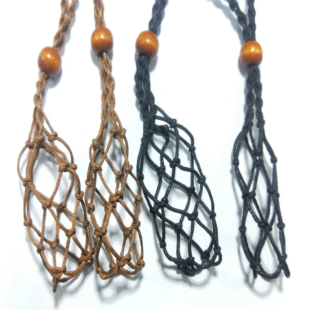 DIY 1Pc Adjustable Necklace Cord Empty Stone Holder Wax Rope Necklaces Natural Quartz Crystal Healing Stone Net Bag Pendant