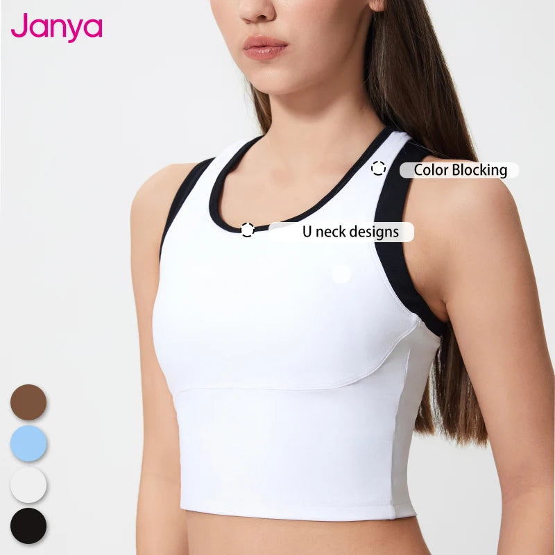 Janya Running Vest for Ladies with Logo Training Women's Breathable Workout Running Vest Color Blocking Crop Tank Top Fixed Pads