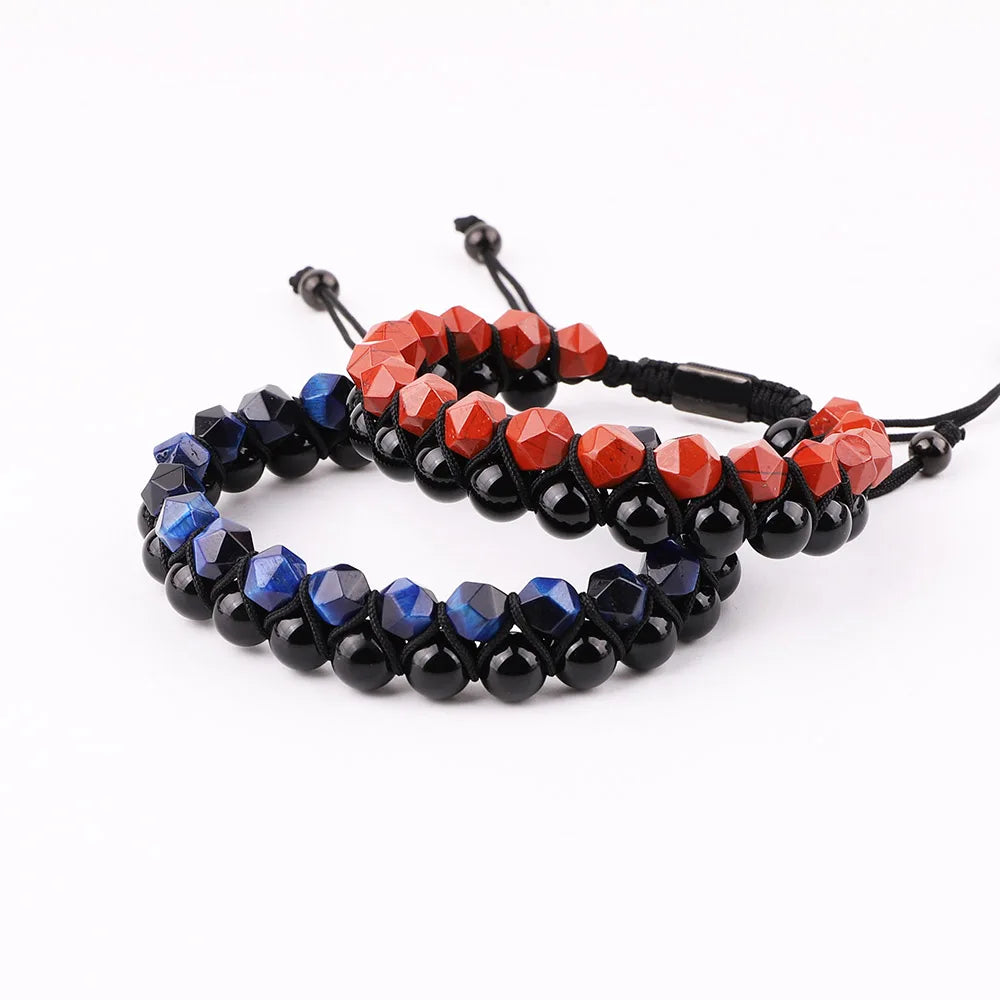 New Design 8mm Faceted Natural Stone Double Braided Macrame Adjustable Men Bracelet With Custom Logo JBS12621