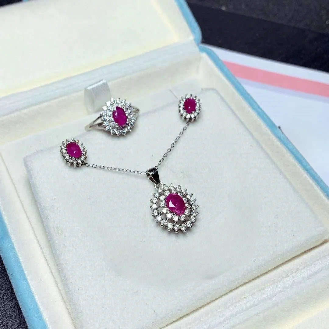 Natural 925 Silver Ruby Set Halo Ring Necklace Earring Sterling Silver Ruby Gemstone Wedding Party Jewelry Set