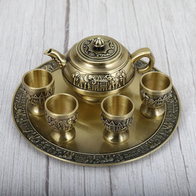 QIAN HU High-End Embossed Enamel Bronze Coffee Tea Set 4 Cups Vintage Tray for Home Decor Hotels 200ml Vintage for Parties