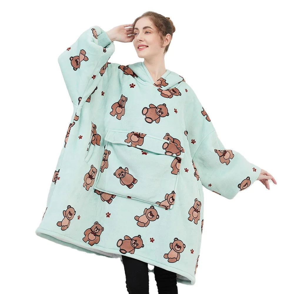 Factory Soft Winter Warm Big Size Pajamas Oversized Flannel Plush Sherpa Women Sleepwear for Winter Adult with Pet Pocket