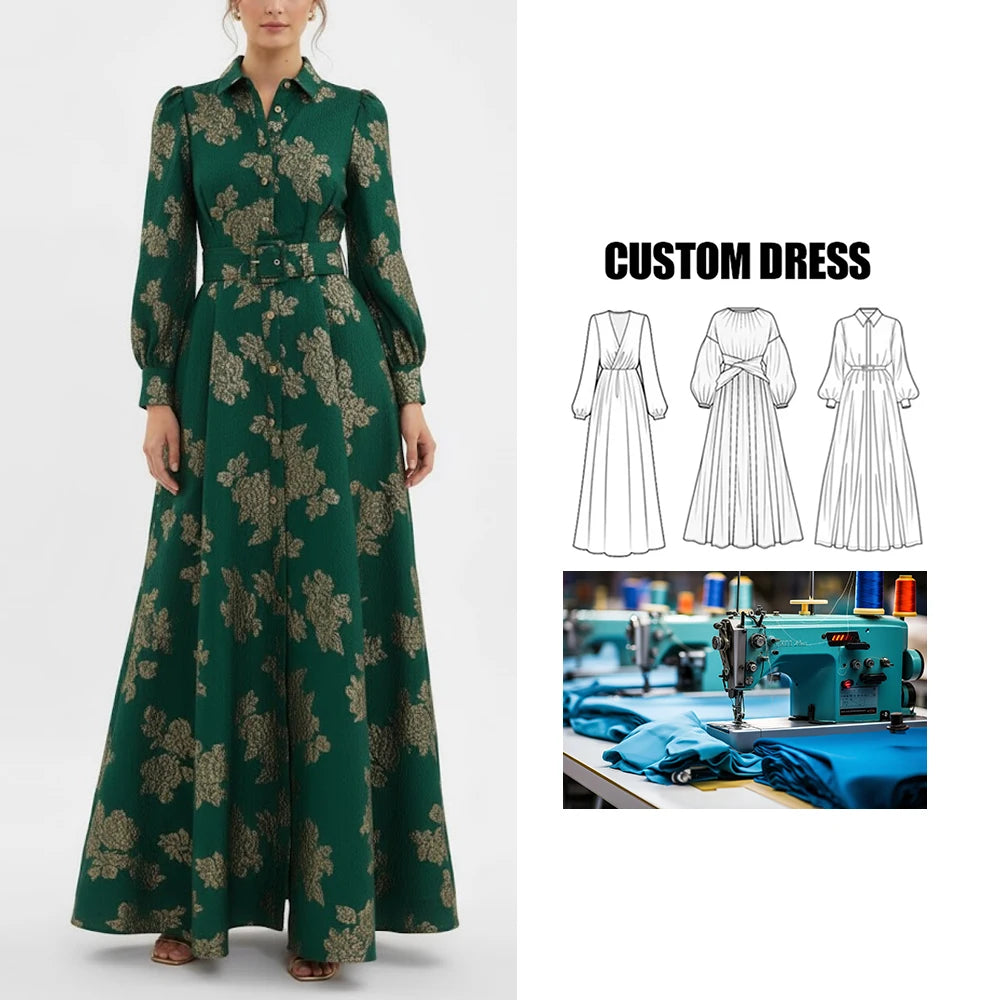 Brand Customization European American Retro Embossed Belt High Waist Elegant Long Women Floor-Length Elegant Modest Dress