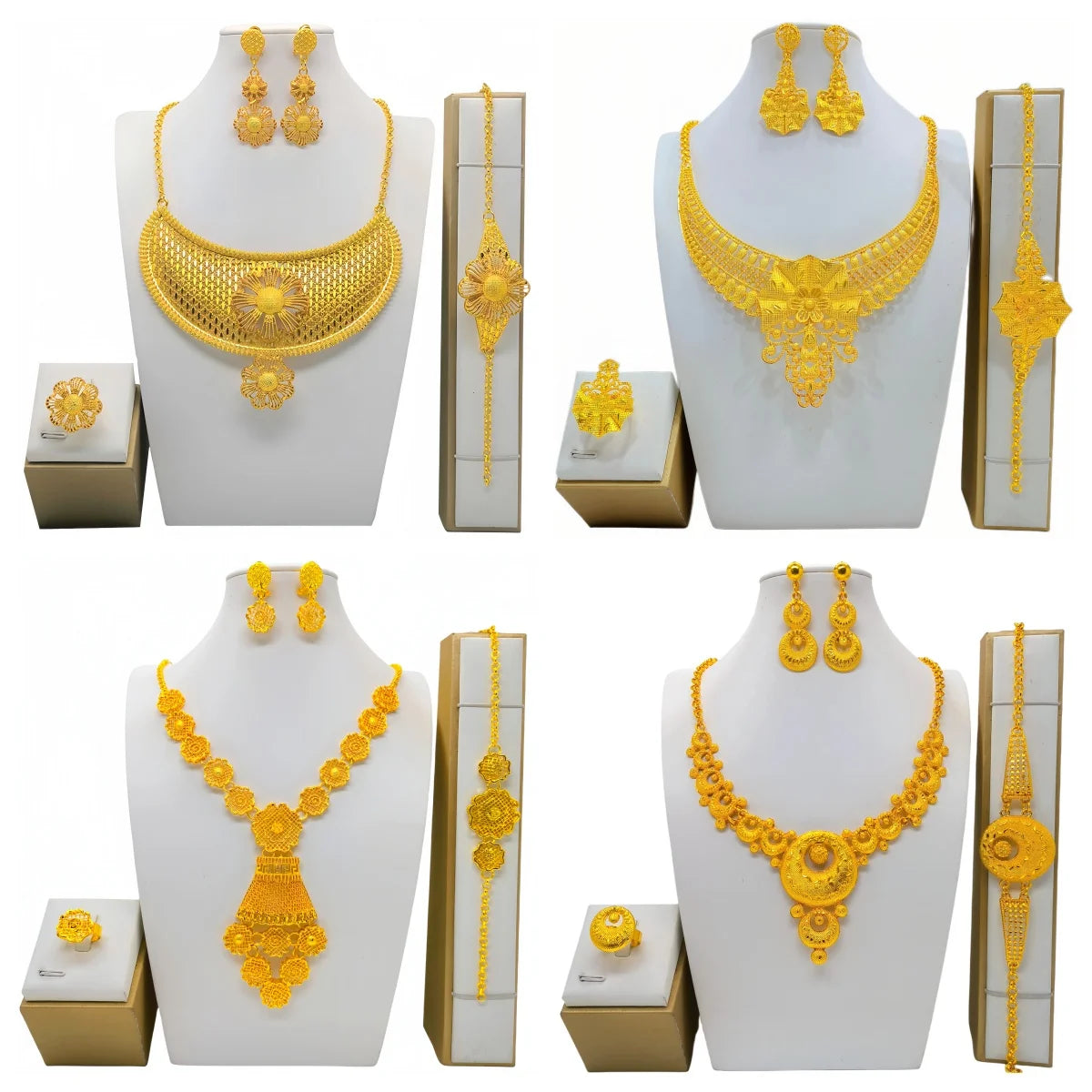 Ready to Ship African Nigeria Hollow Flower Necklace Bracelet Jewelry Set  Gold Plated Wedding Rings for Indian Bride