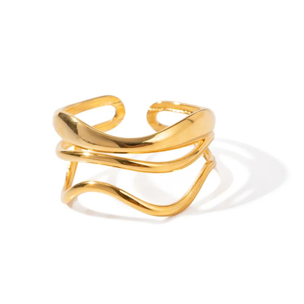 Minimalist Stainless Steel Geometric Multi-layer Water Ripple Open Ring Trendy Charm Chic Waterproof Jewelry