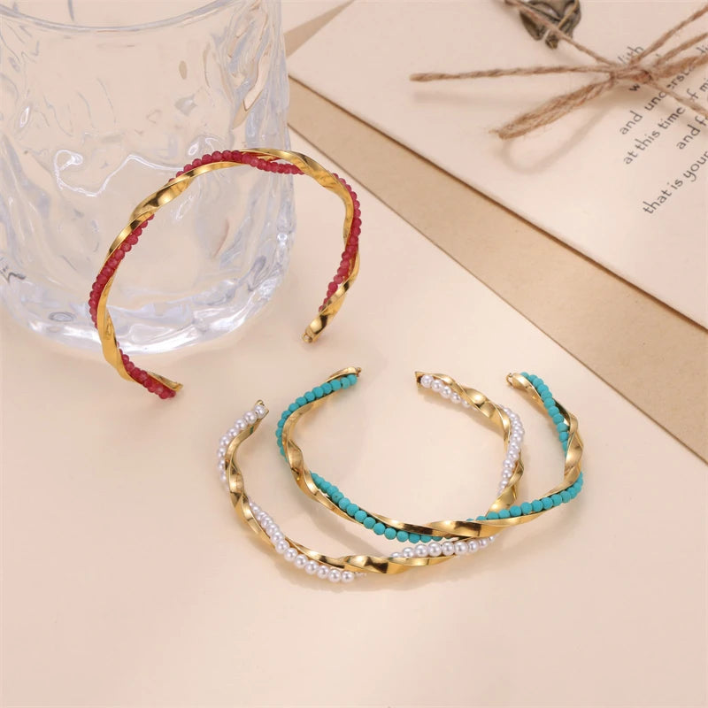 Eye-Catching Turquoise Gold Plated Bracelet Colored Beaded Pearl Bangles Jewelry for Women