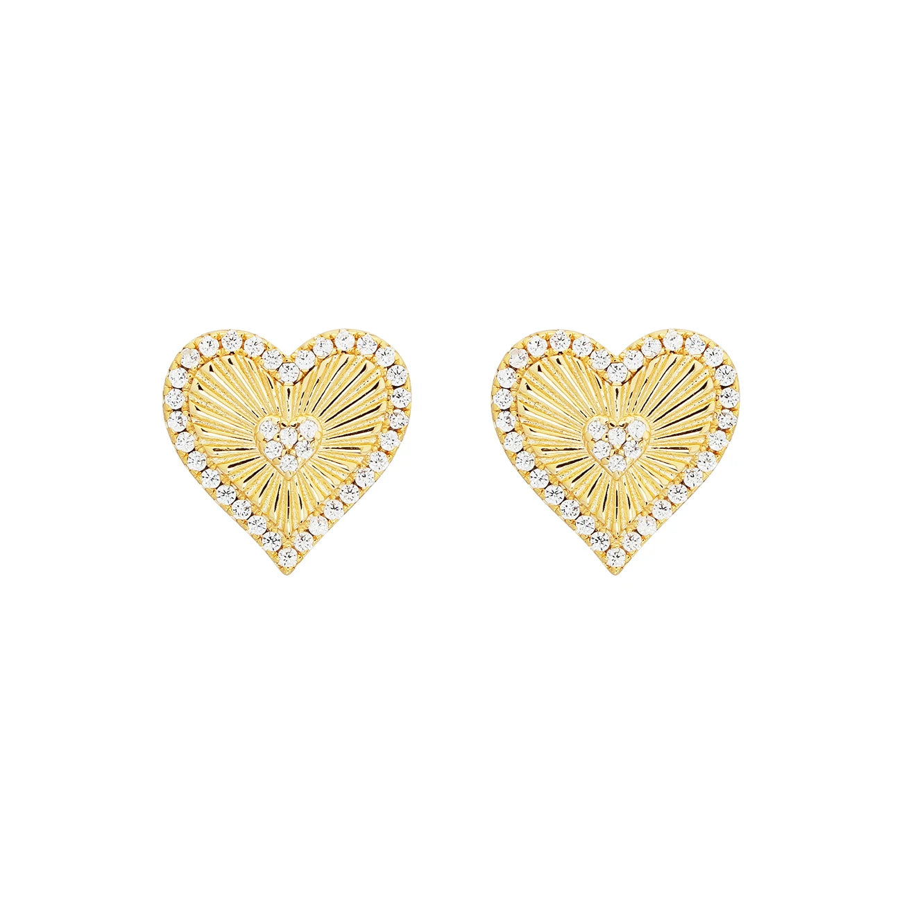 Fluted Heart CZ Halo 925 Sterling Silver Women Jewelry Gold Plated Stud Earrings