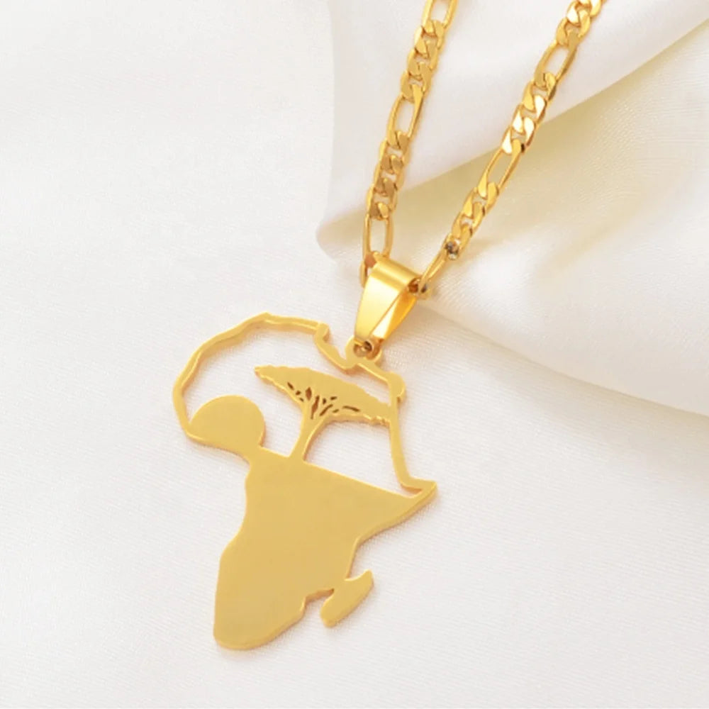 18k Gold Plated Africa With Moon Tree Branches Multilayer Necklace Stainless Steel Africa Map Pendant Necklace African Jewelry