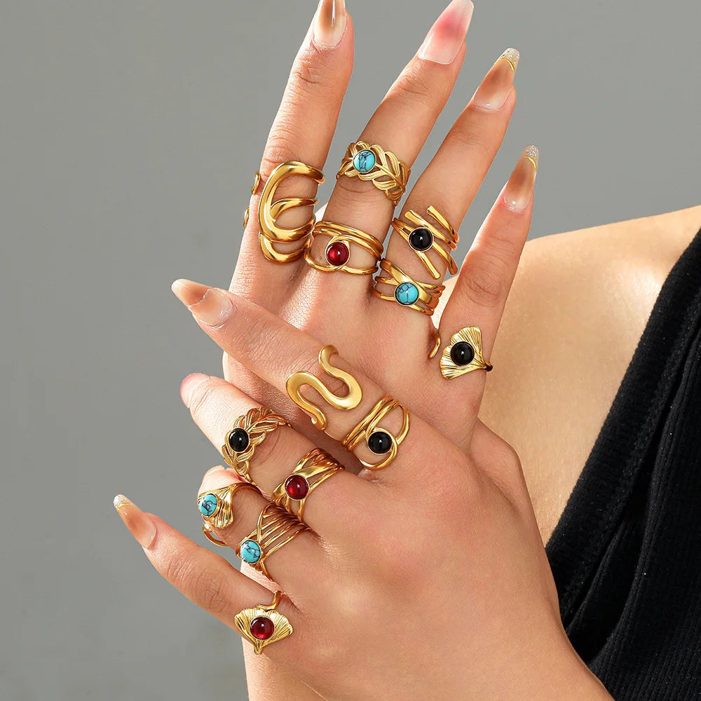 Cunyan 2025 Fashion Gold Plated Gemstone Rings for Women Hollow Chunky Stainless Steel Adjustable Rings Wholesale Bulk