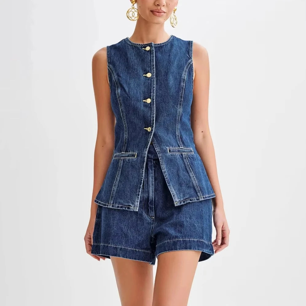 New Arrival Solid Sleeveless Bodycon Single Breasted Casual Two Piece Top and Shorts Set MegaBDM