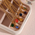 Waterproof 18K Gold Plated Colorful Zircon Water Drop Birthstone Pendant Necklace Rope Chain Stainless Steel Necklace
