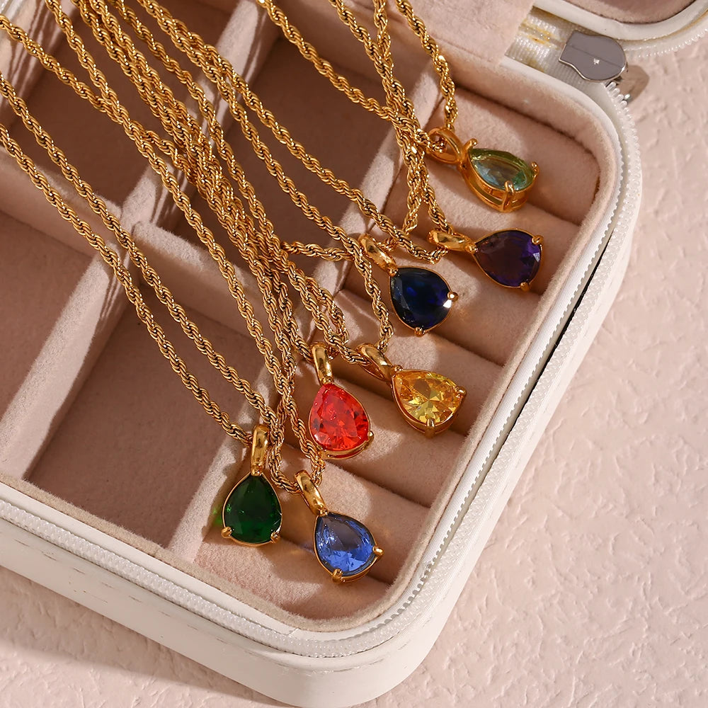 Waterproof 18K Gold Plated Colorful Zircon Water Drop Birthstone Pendant Necklace Rope Chain Stainless Steel Necklace