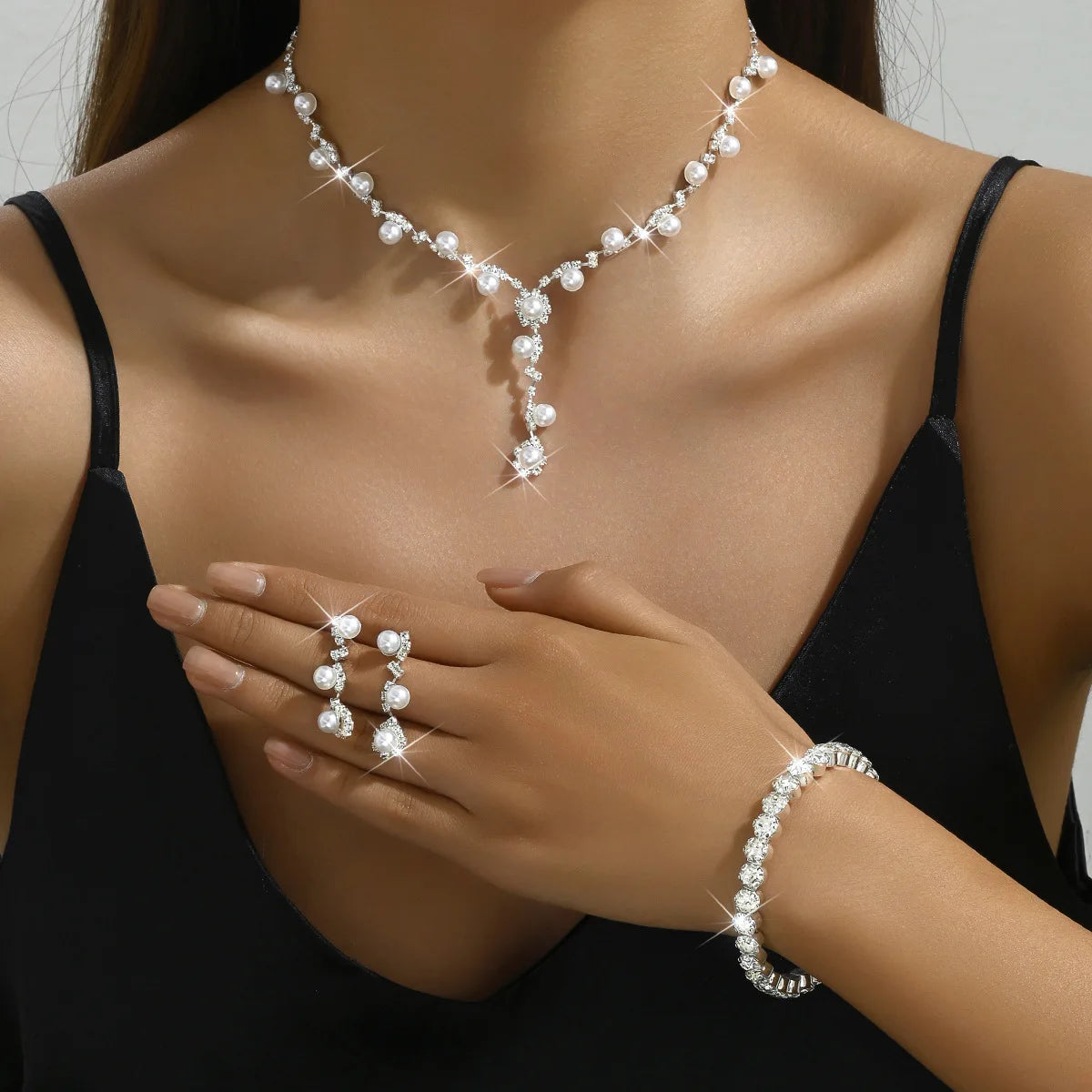 Fashion Trendy Accessories Sun Flower Water Diamond Imitation Pearl Necklace Earrings Bracelet Set Wedding Accessories