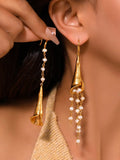New Brass Gold Plated Vintage Geometric Trumpet Shape Women's Engagement Earrings Natural Pearl Tassel Drop Hook Micro