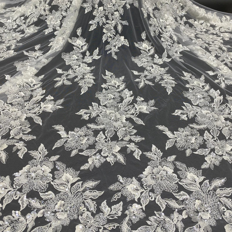 Indonesian White Bridal Lace Fabric Beaded Embroidery Lace