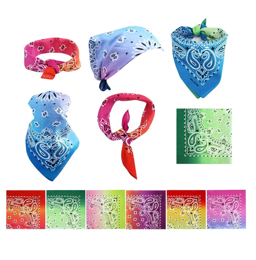 Factory Bulk Wholesale 22*22in Gradient Paisley Bandanas 100% Cotton Tie Dye Square Head Hair Wrap for Women's Sports Cycling