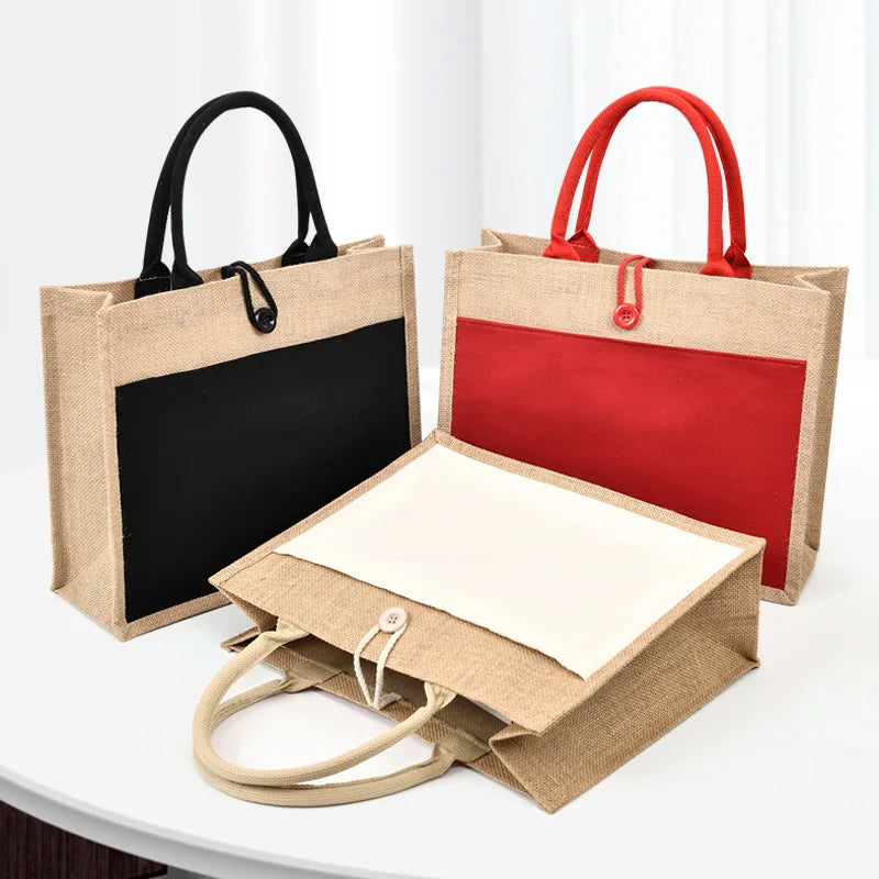 Wholesale Custom Printed Reusable Natural Handbags Large Burlap Luxury Red White Christmas Jute Shopping Tote Bag