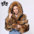 Janefur Winter Real Raccoon Fur Coat Short Style Hooded Real Raccoon Fur Coat
