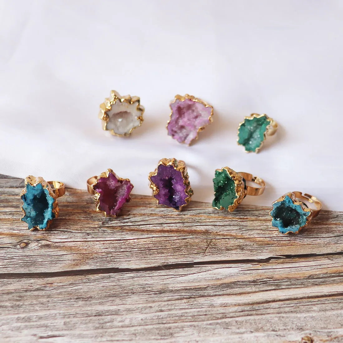 Luxury Natural Stone Wide-edge Ring Flower Crystal Agate Rough Stone Ring Adjustable Opening Ring