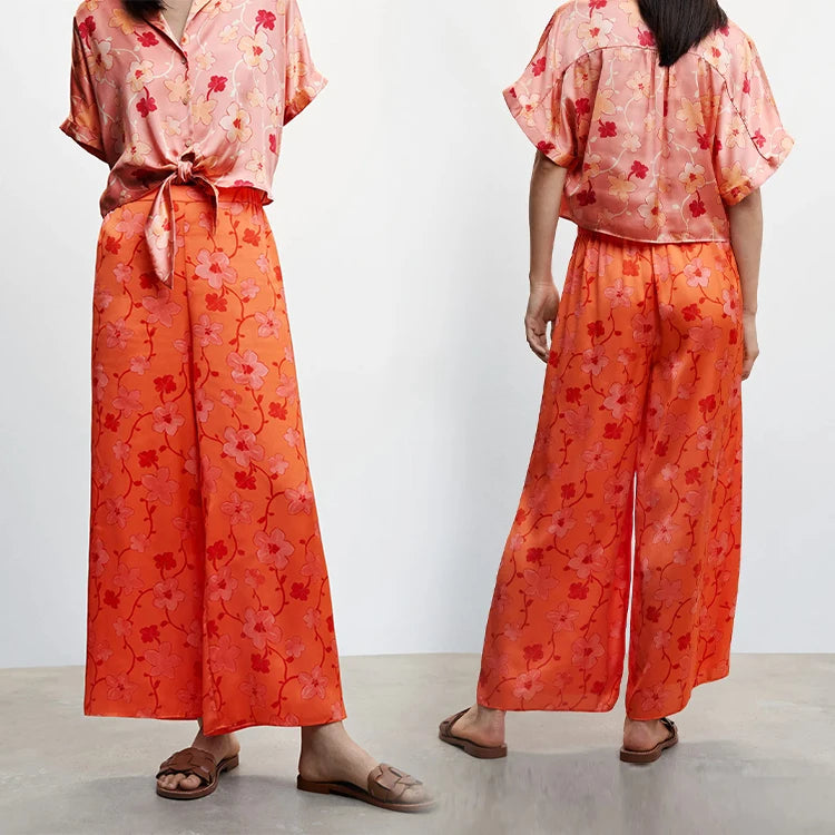 OLAESA 2026 Summer Clothing Vacation Floral Print Relaxed Satin Beach Pants