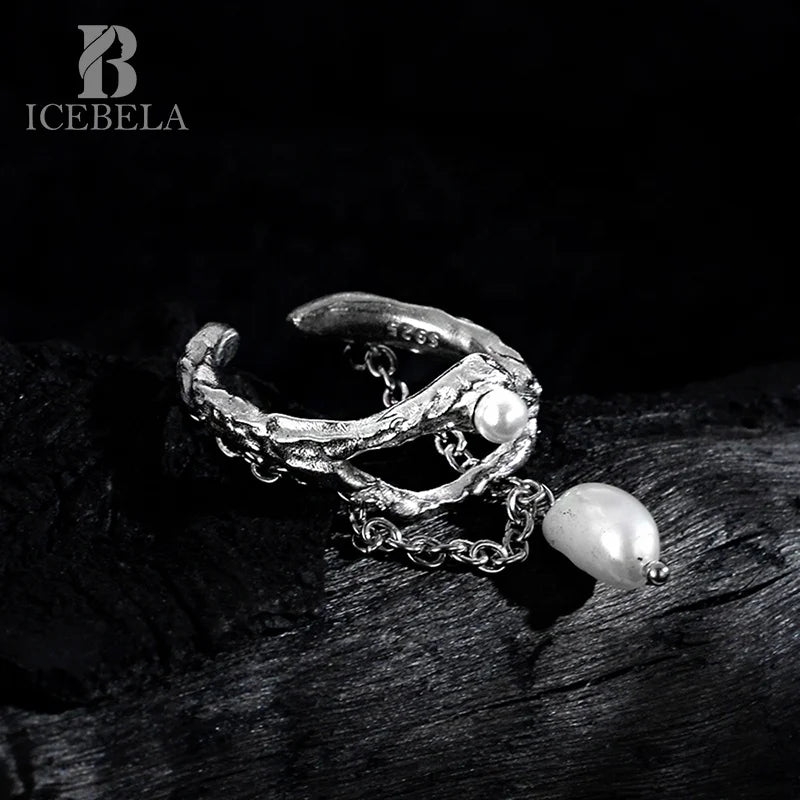 Icebela Fashion Jewelry 925 Sterling Silver Korean Version Hollow Shaped Ring Female Fringe Pearl Index Finger Ring
