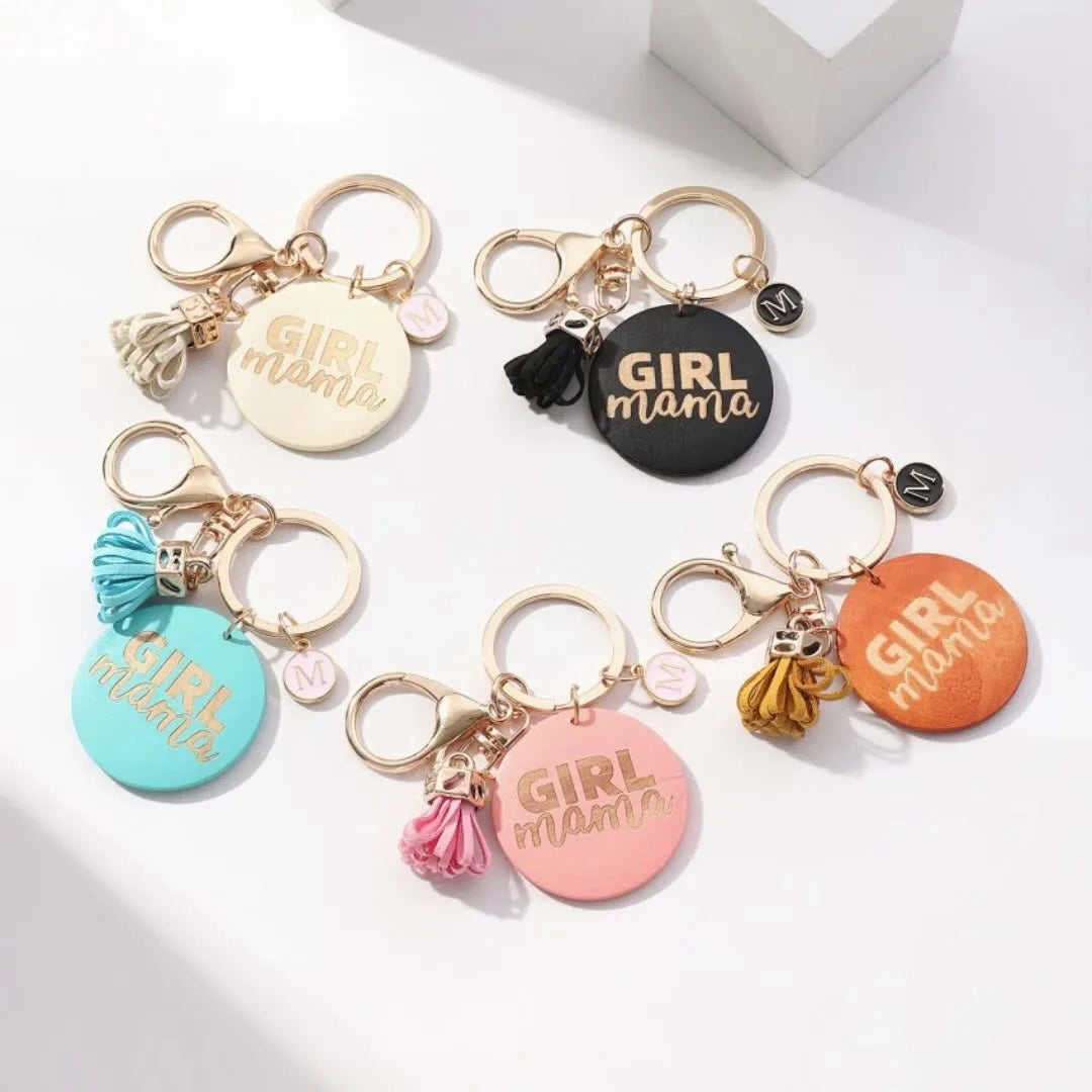 Hot Selling Custom Engraved MAMA Letter Short Tassel Key Chain Round Wood Disc Design Mother's Day Gift Made From PU Leather