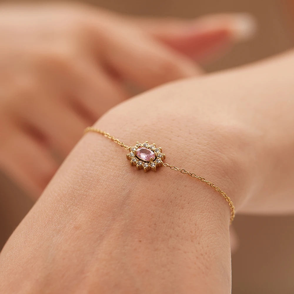 Pink Stainless Steel Gold Plated Flower Cubic Zircon Stone Gemstones Bracelets Tarnish Free Jewelry 18K