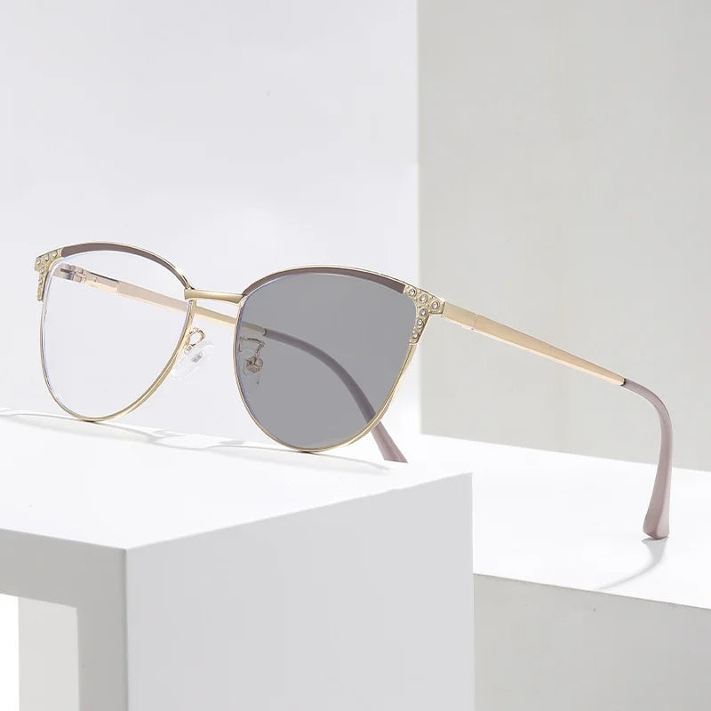 Photochromic Eye Protection Eyeglasses Cat Eye Anti Blue Block Light Optical Women Diamond  Half-frame Metal Eyewear