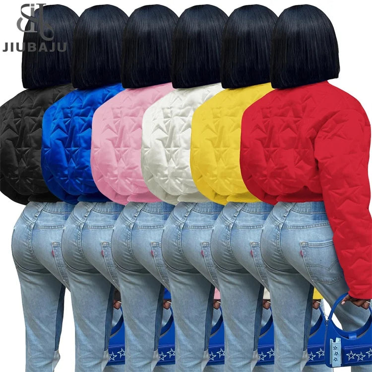 Star Pattern Cotton Padded Coat Women Patchwork Puffer Outwear Solid Color Winter Warm Zipper Crop Top Jacket
