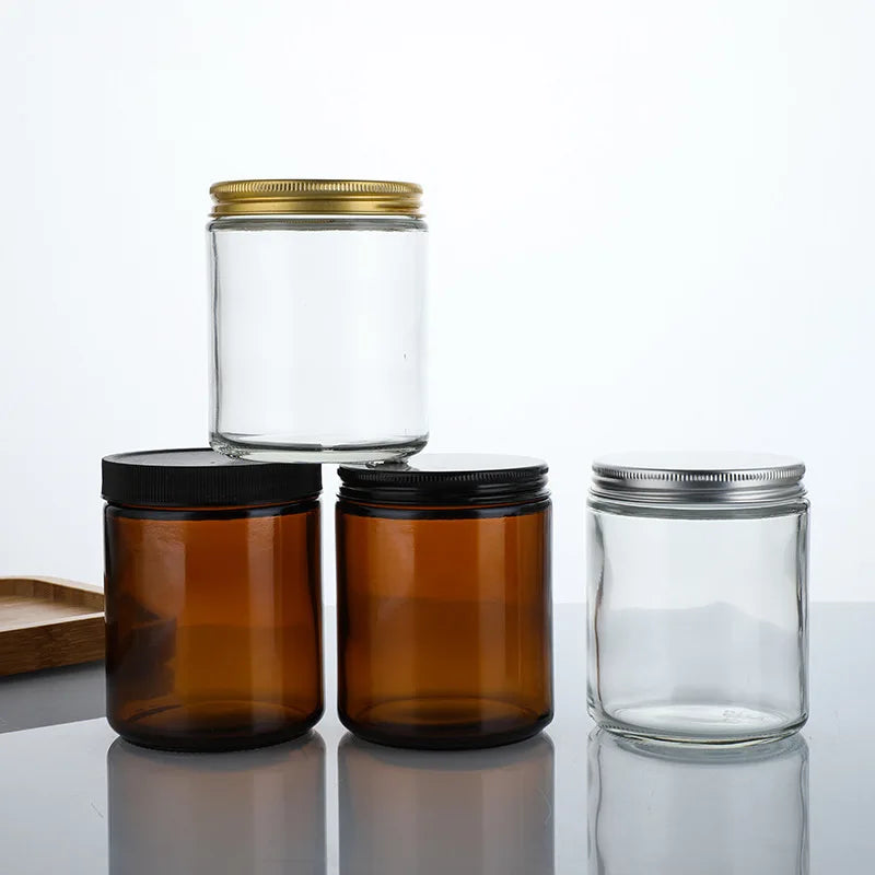 Clear Brown Glass Candle Empty Cylinder Jars Vessels Containers with Metal Lid for Candle Making