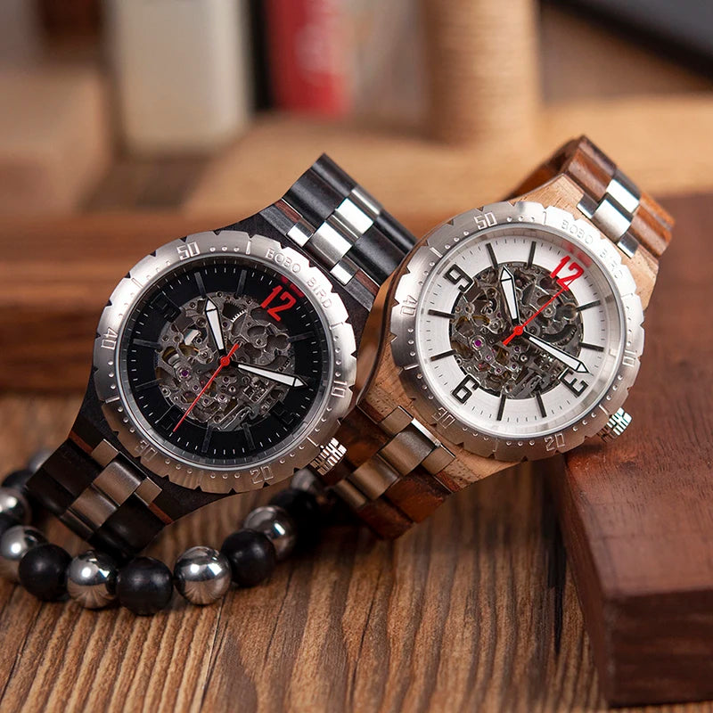 quickshipment Luxury Men's Stainless Steel Mechanical Wood Watch Branded Automatic Wristwatch Hand for Fashion Business-Factory Hot Sale