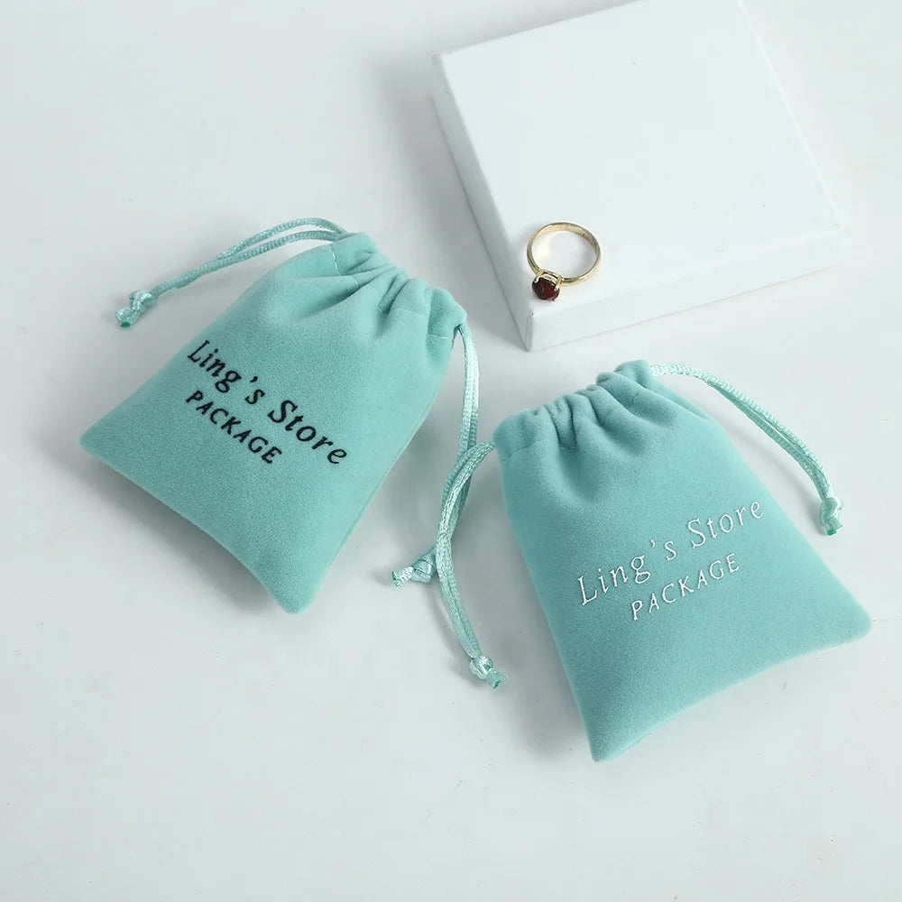 5x7cm Luxury Green Jewelry Pouches with Custom Logo Suede Velvet Small Drawstring Bag