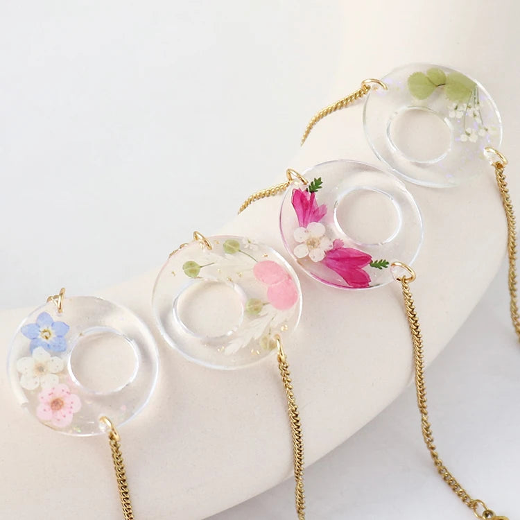 Handmade Natural Dried Pressed Flowers Charms Bracelet Real Dry Flower Pendant Stainless Steel Chain Bangles Jewelry for Women