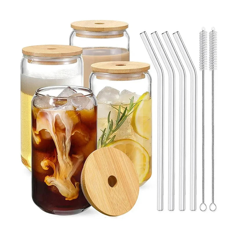 500ml Beer Can Shaped Glass Cups With Lid and Straw Kola Cup Juice Beverage Cup