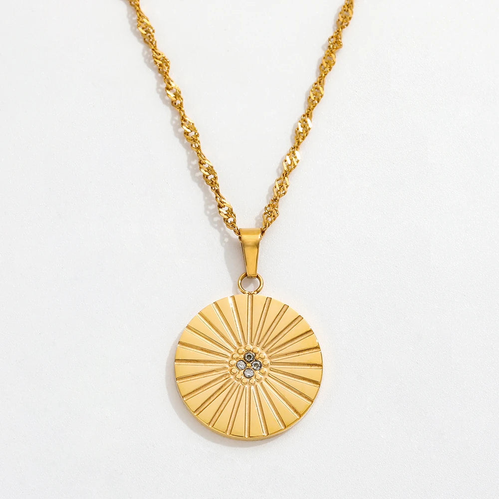 Joolim Rope Chain Dainty Zirconia Burst Circle  Round Coin Pendant Stainless Steel Necklace Jewelry Wholesale