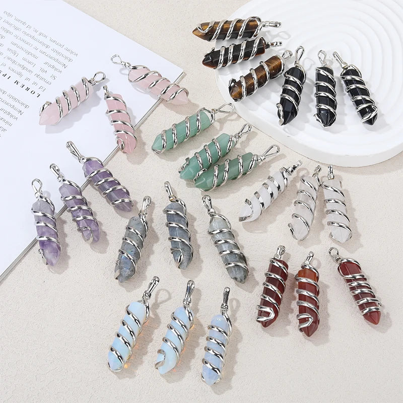 Healing Crystal Stone Pendant Wire Wrapped Hexagonal Point Gemstone Pendant Natural Jewelry Pendants for Women