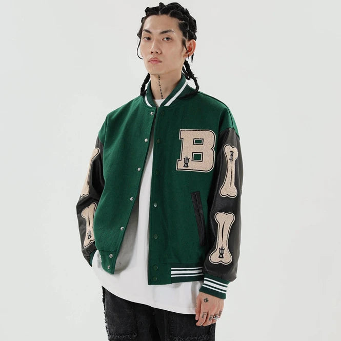 Wholesale Custom High Quality Men's Winter Varsity Jacket Hip Hop Style Thin Stand Collar Leather Arms Plus Size Puffer Jacket