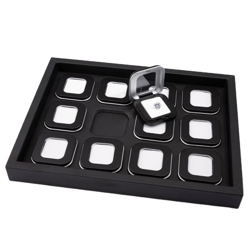 High Quality PU Leather Square Gemstone Display Case for Loose Diamonds Jewelry Tray Box Modern Design Portable Gift Black/White