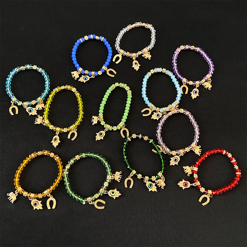 RisingMoon Crystal Beads Bracelets Evil Eye Bracelet Horseshoe Palm Elephant Pendant Stretch Bracelets Women Men