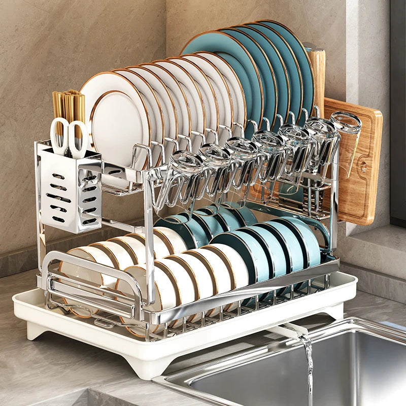 1-Tier 2-Tier Stainless Steel Dish Drain Rack With Chopstick Holder Cutting Board Holder Multi-Functional Kitchen Storage Rack