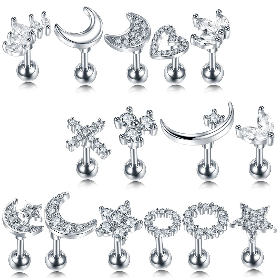 Korean Earring Girls Jewelry CZ Tragus Cartilage Piercings Ear Stud Helix Piercings Crystal Fashion Silver Conch Earring Women